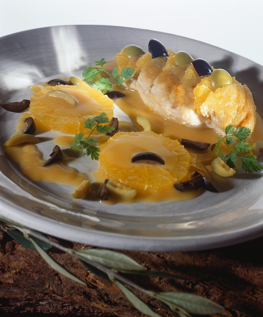 Chicken breast with olive and orange sauce