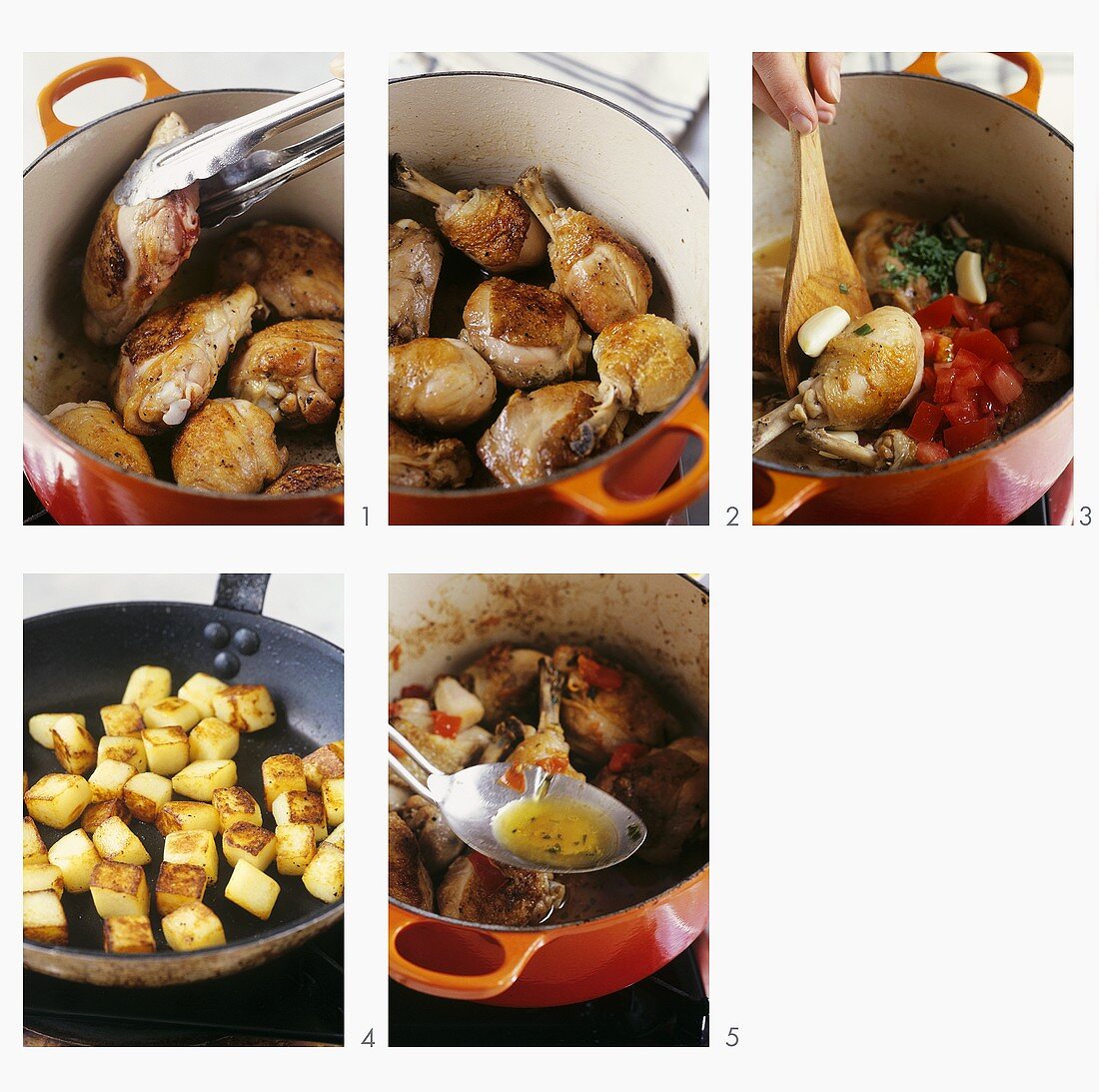Hähnchenkeulen in Weinessig mit Kartoffelwürfeln zubereiten
