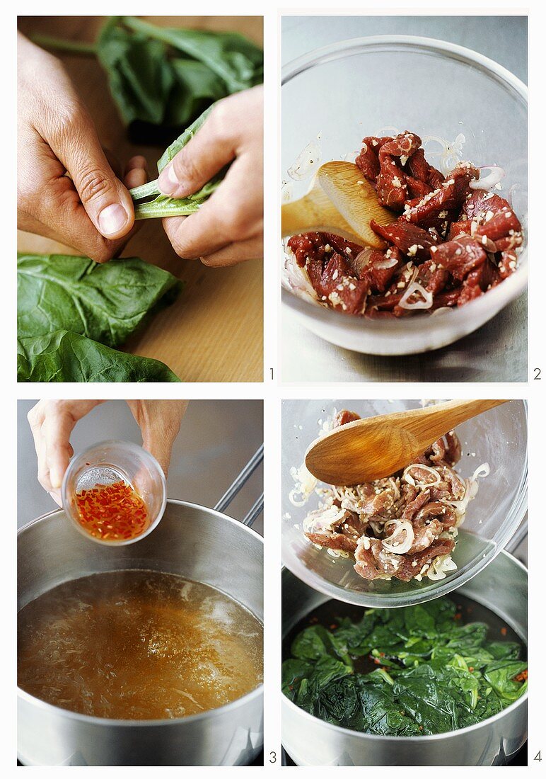 Vietnamesische Rindfleisch-Spinat-Suppe zubereiten