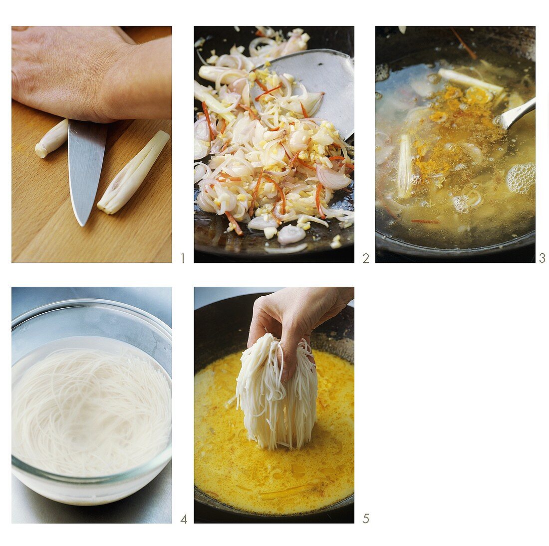 Making laksa (shrimp noodle soup, Singapore)