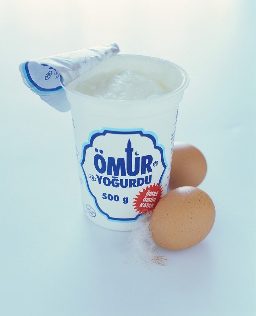 A pot of Turkish yoghurt and two eggs