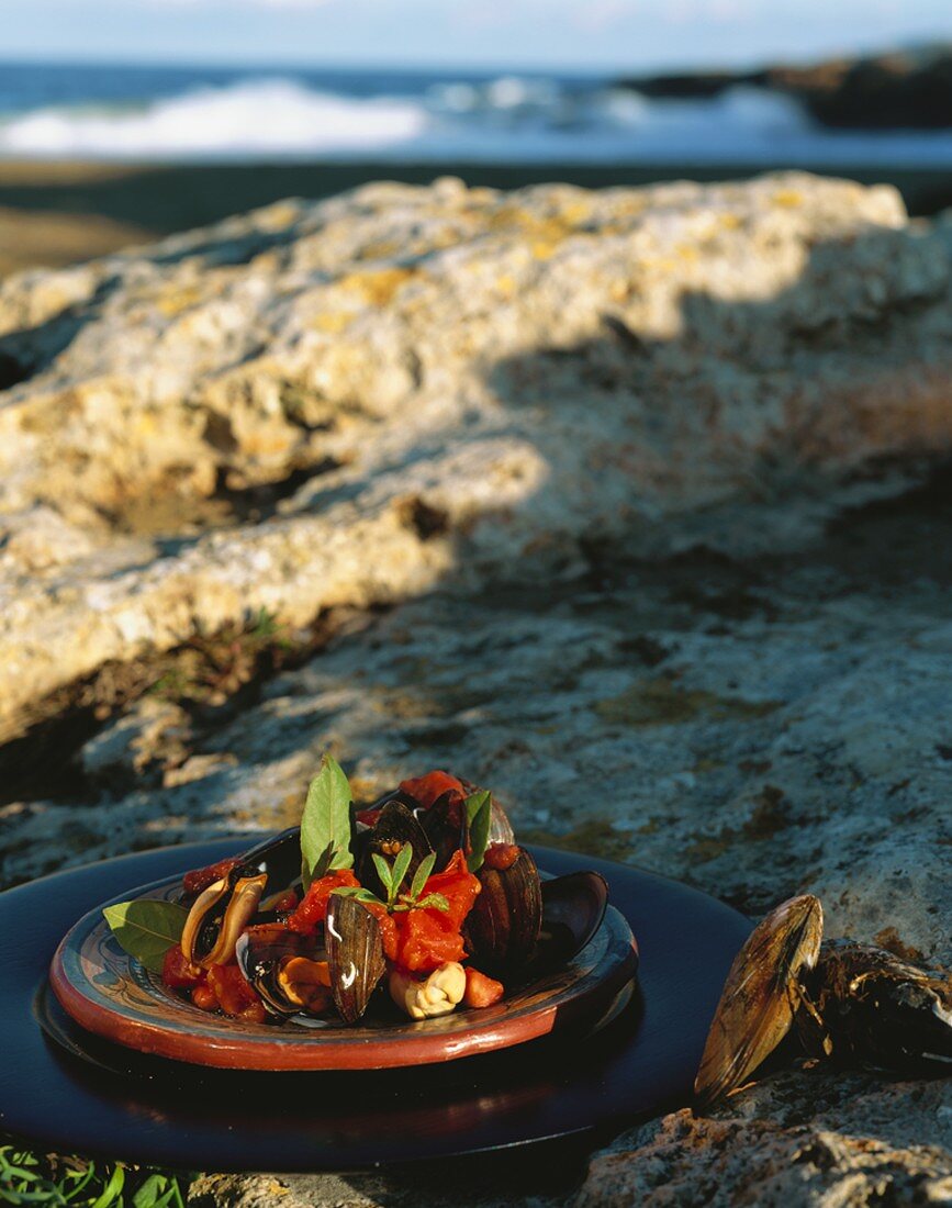 Cooked mussels with tomatoes and herbs on rocks by sea