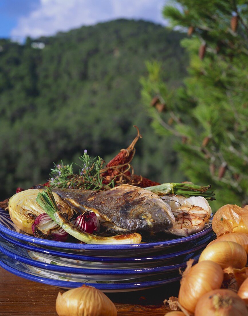 Grilled bream and vegetables against mountainous landscape