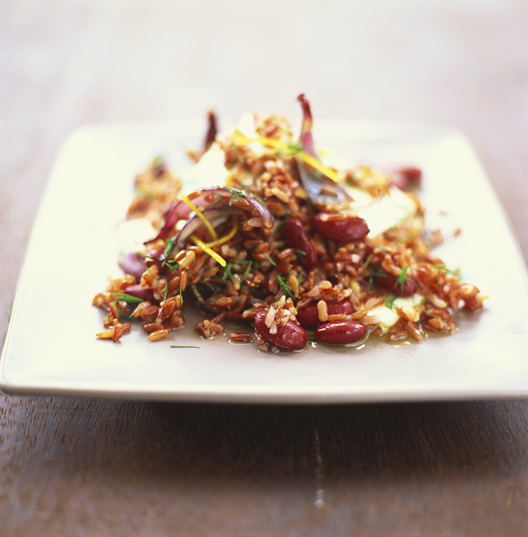 Red rice salad with red kidney beans, feta and dill
