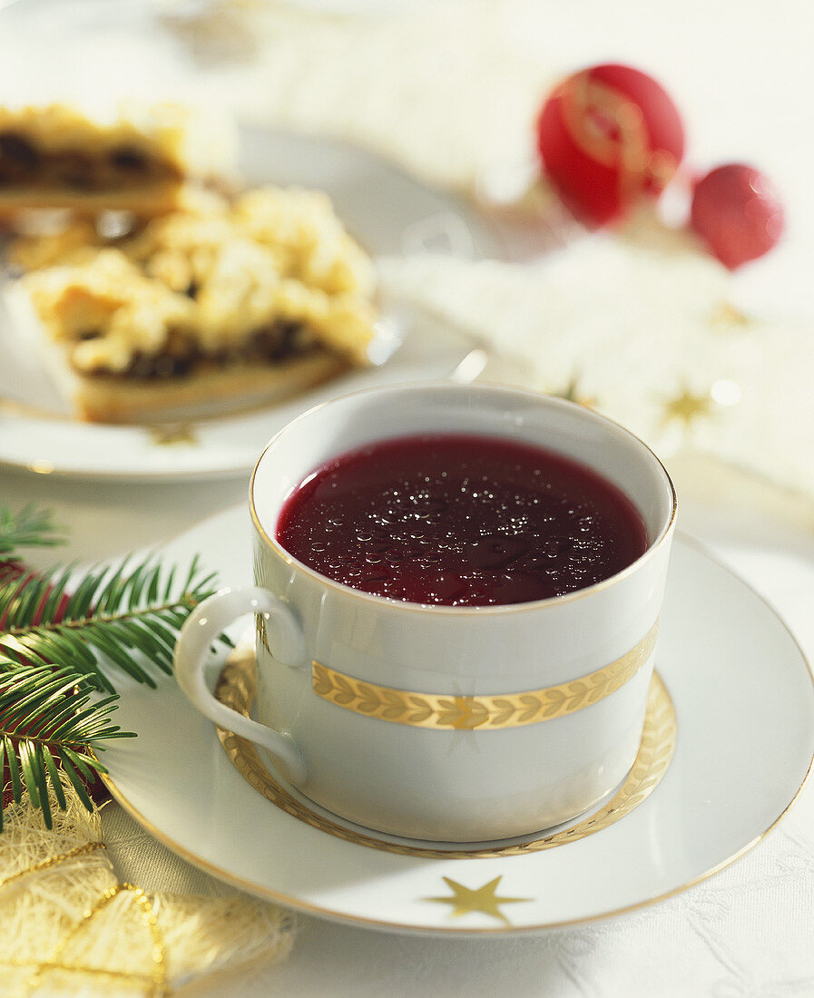 Borscht (beetroot soup) in a Christmassy soup cup