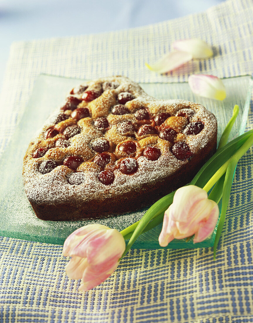 Heart-shaped cherry cake with icing sugar