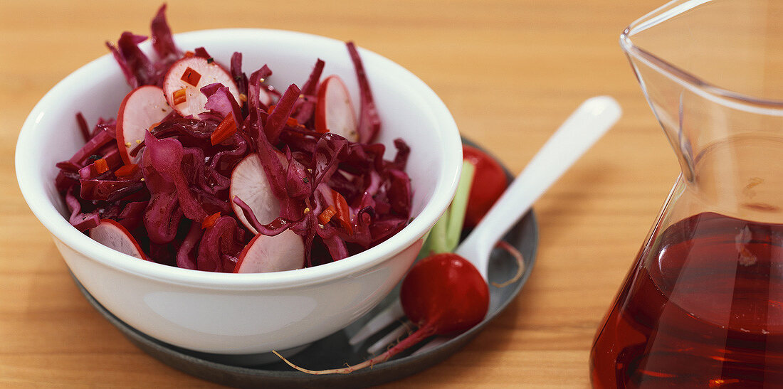 Fried red cabbage salad with radishes and chilli