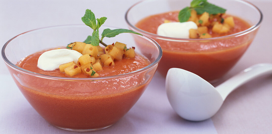 Cold tomato soup with chilli and melon