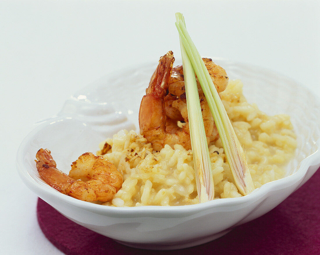 Lemon grass risotto with fried prawns
