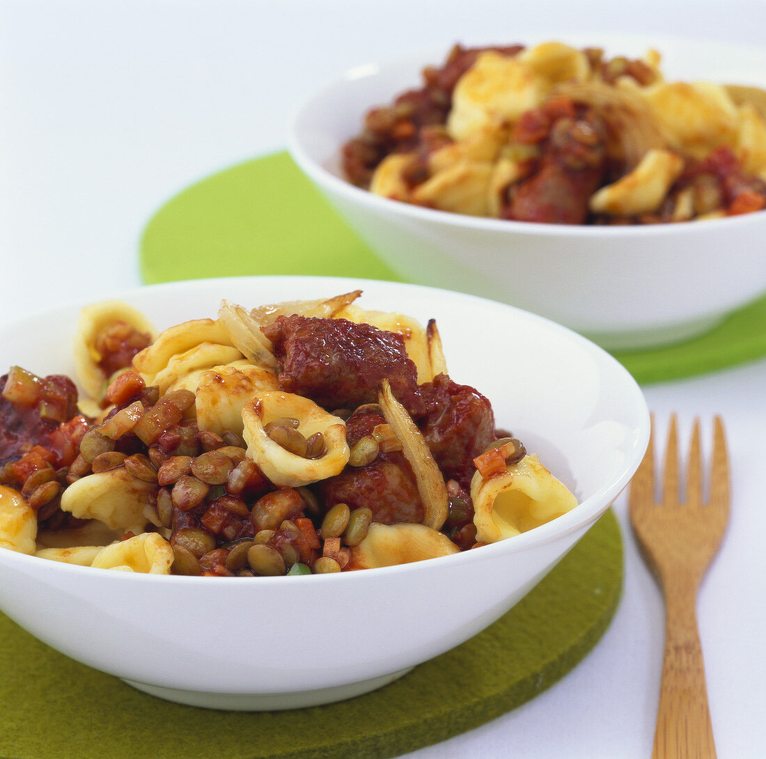 Orecchiette with balsamic lentils and salsicce