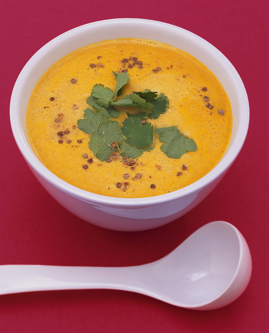 Pumpkin and coconut soup with chilli and coriander