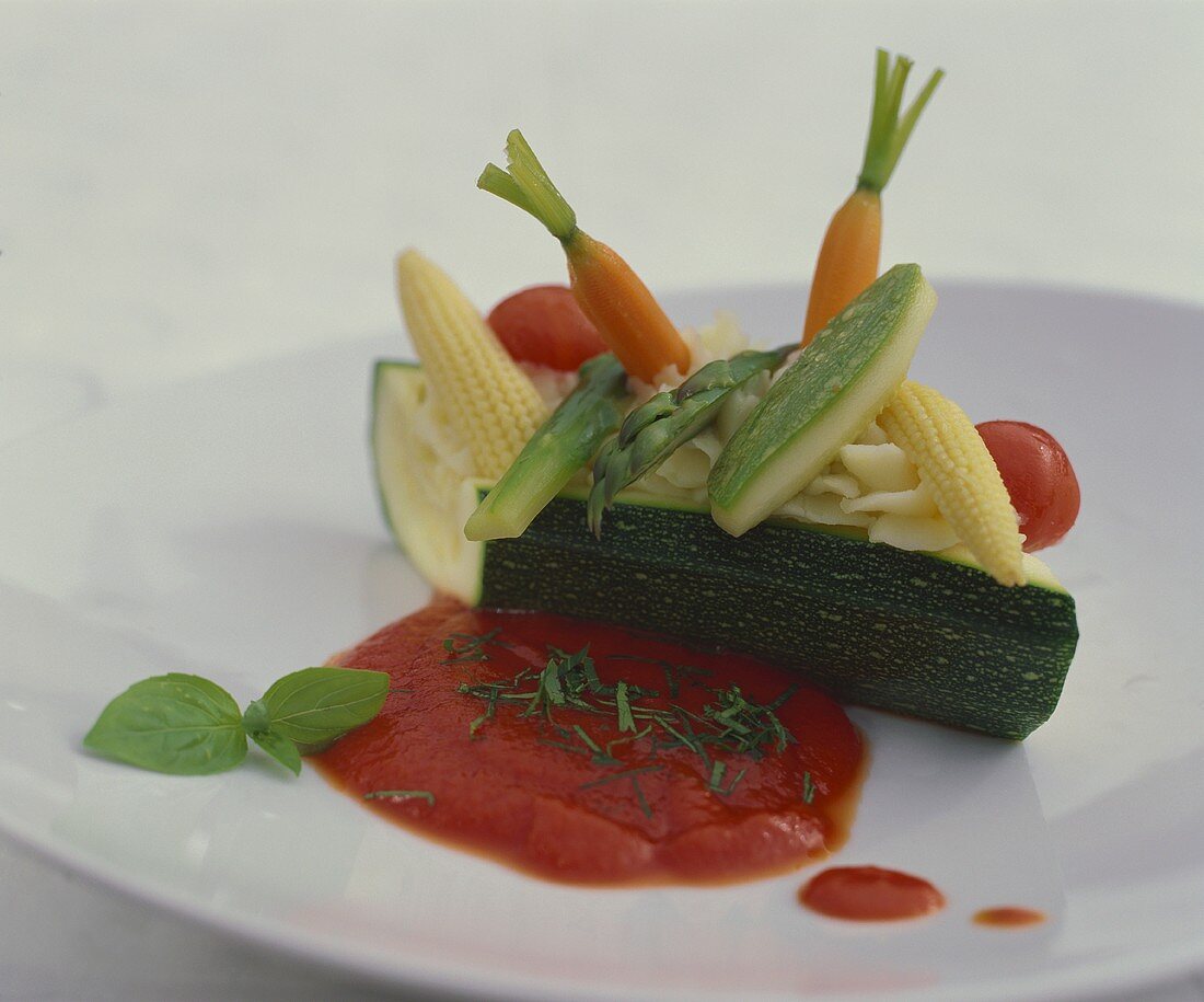 Courgette boat with vegetable filling and tomato sauce