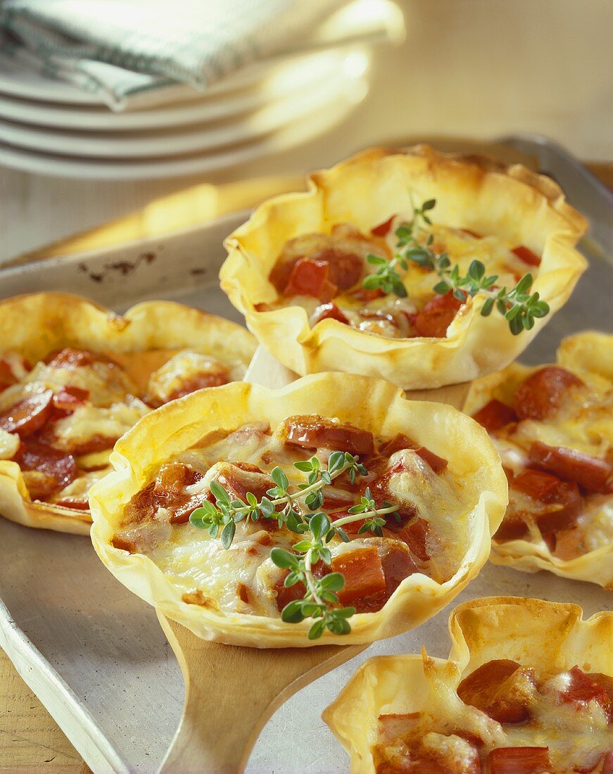 Cabanossi, pepper and cheese tartlets