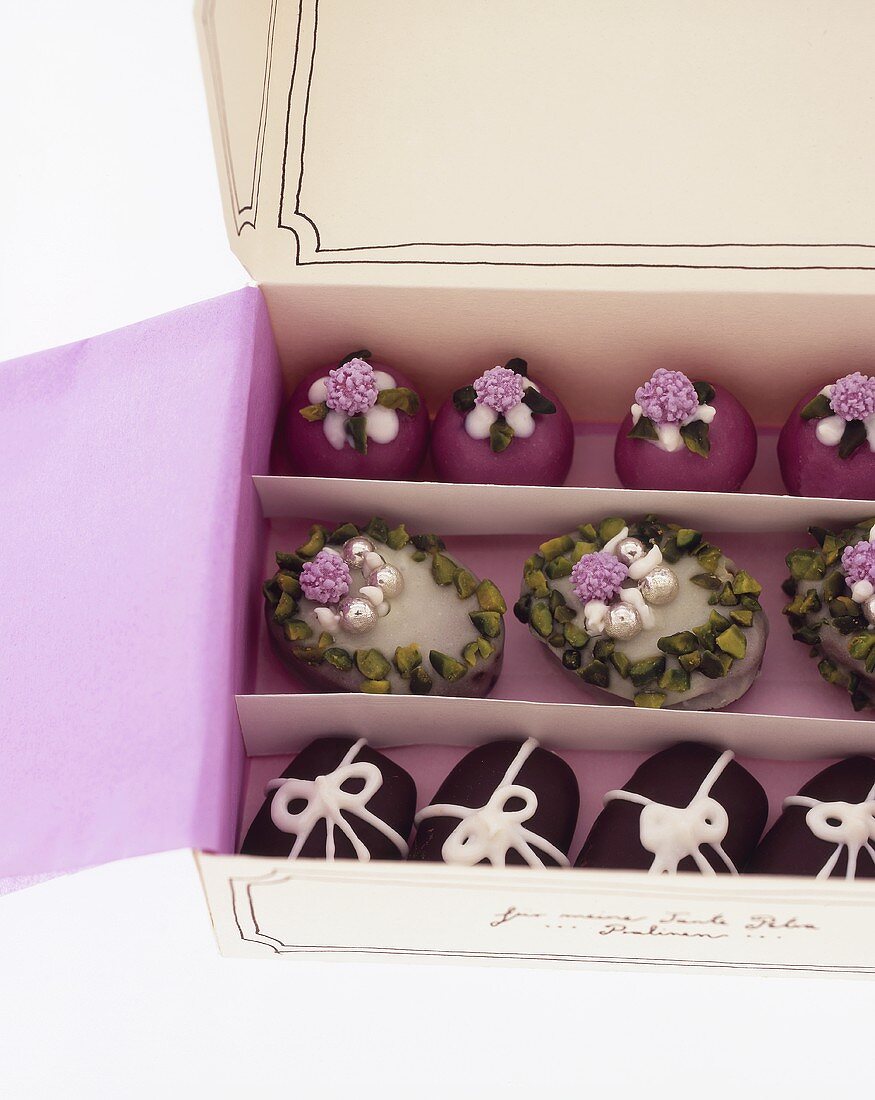 Richly decorated chocolates in a gift box