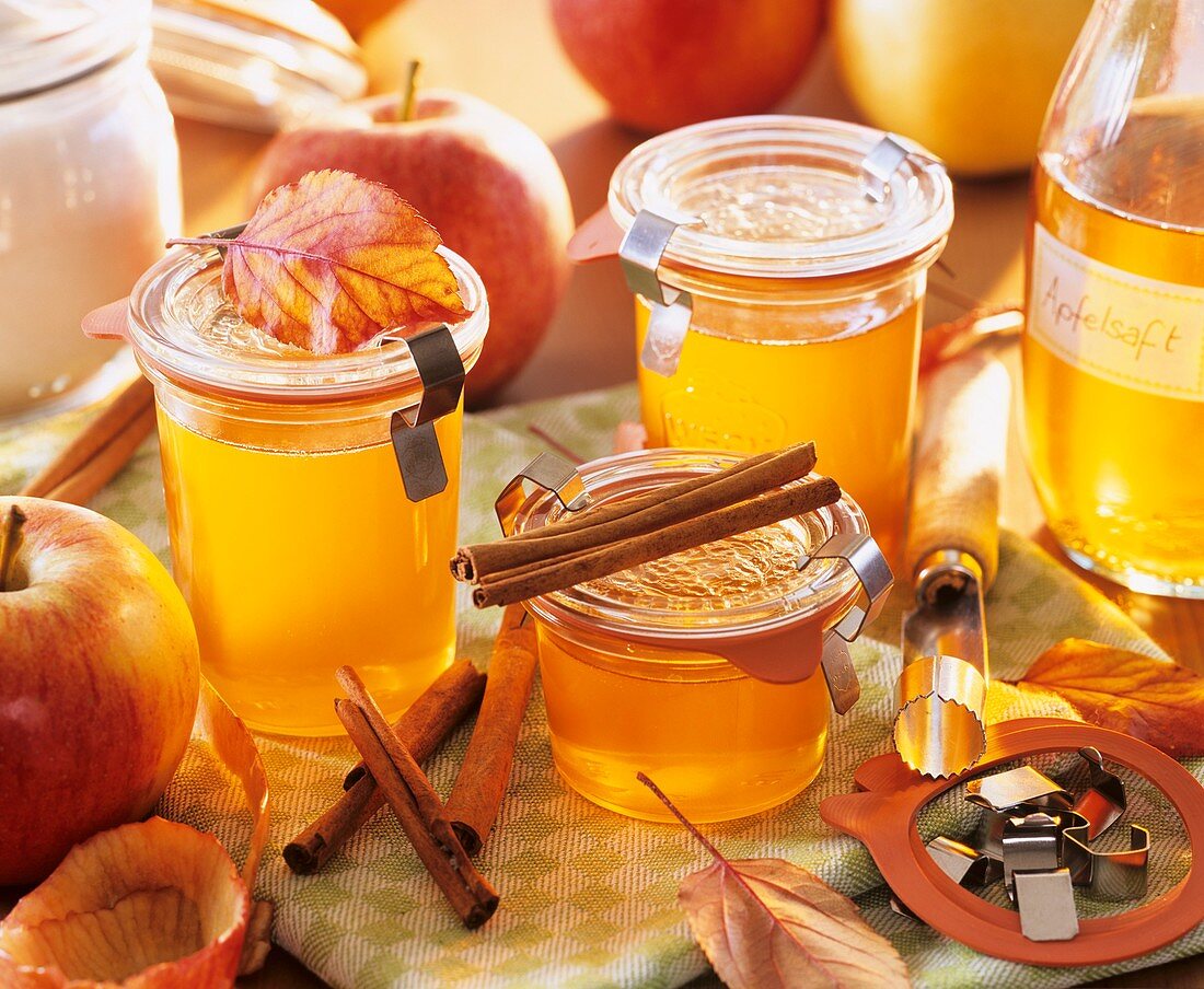 Home-made apple jelly in preserving jars