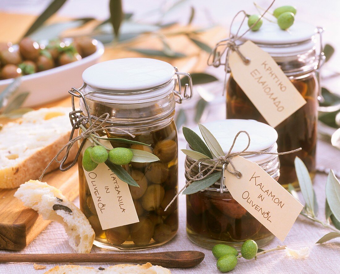 Various types of pickled olives in preserving jars
