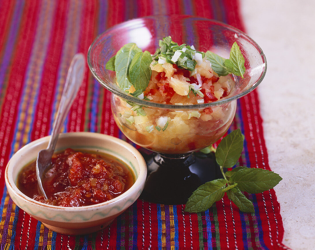 Spicy tomato salsa & pineapple salsa with mint (from Mexico)