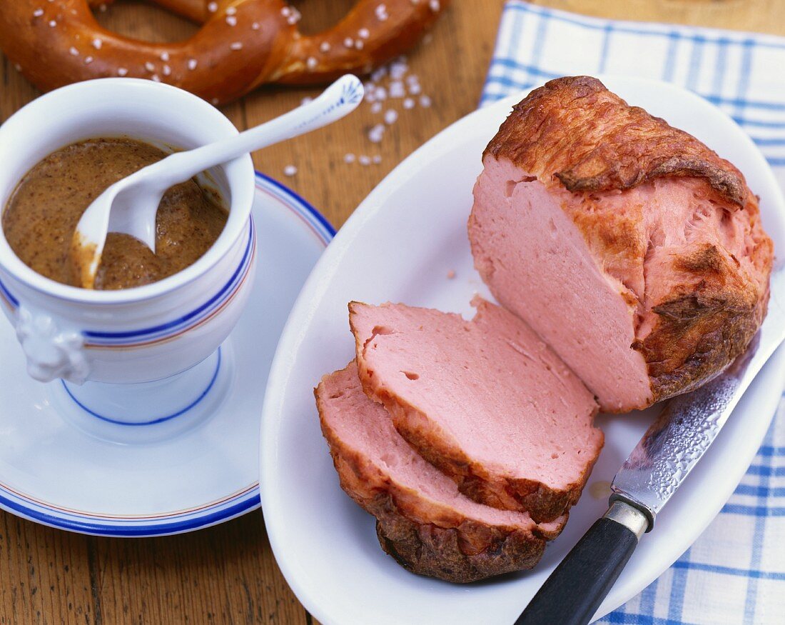 Munich Leberkäse (type of meatloaf) with sweet mustard