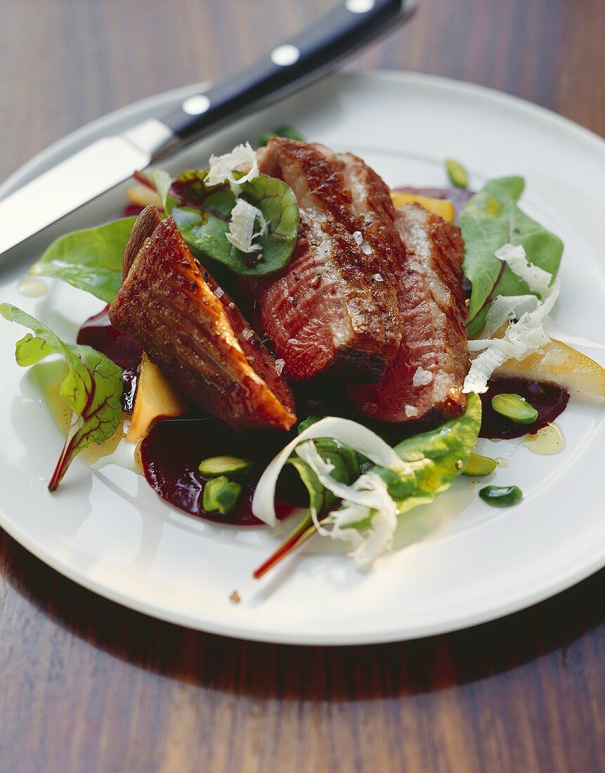 Barbary duck breast with beetroot and pear salad