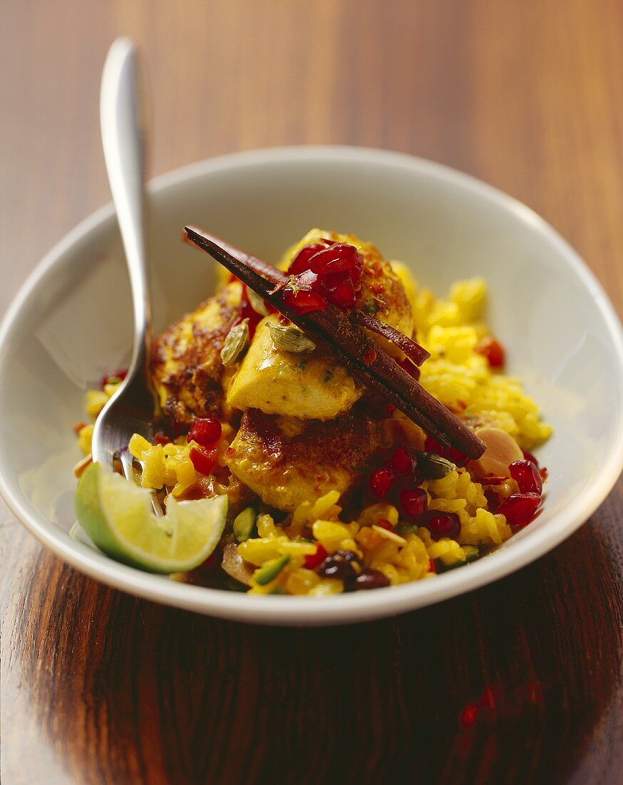 Saffron rice with chicken breast, spices & pomegranate seeds