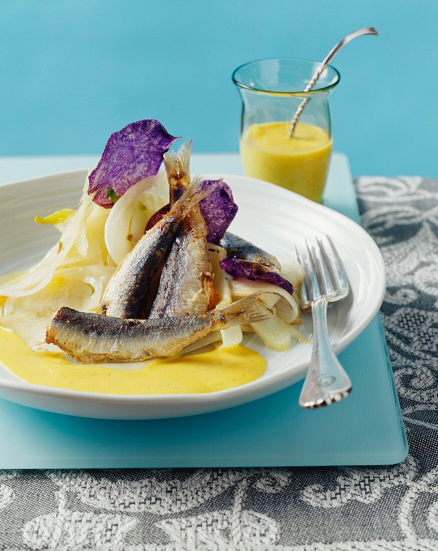 Grilled sardines with fennel and curry foam sauce