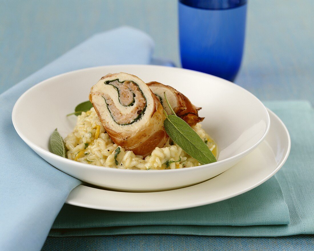 Roulade of corn-fed chicken, saltimbocca style, with risotto