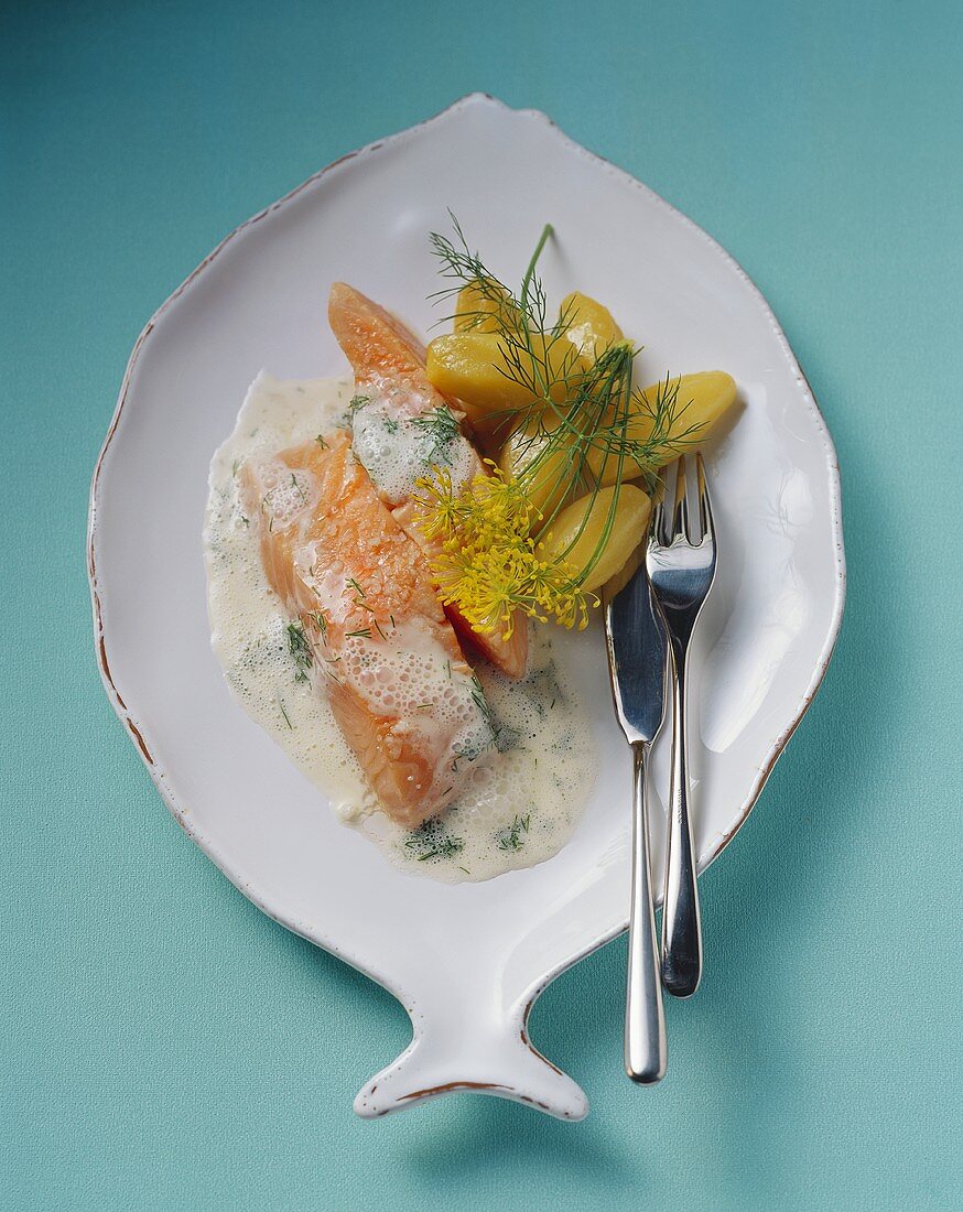 Poached salmon in sour cream dill sauce with potatoes