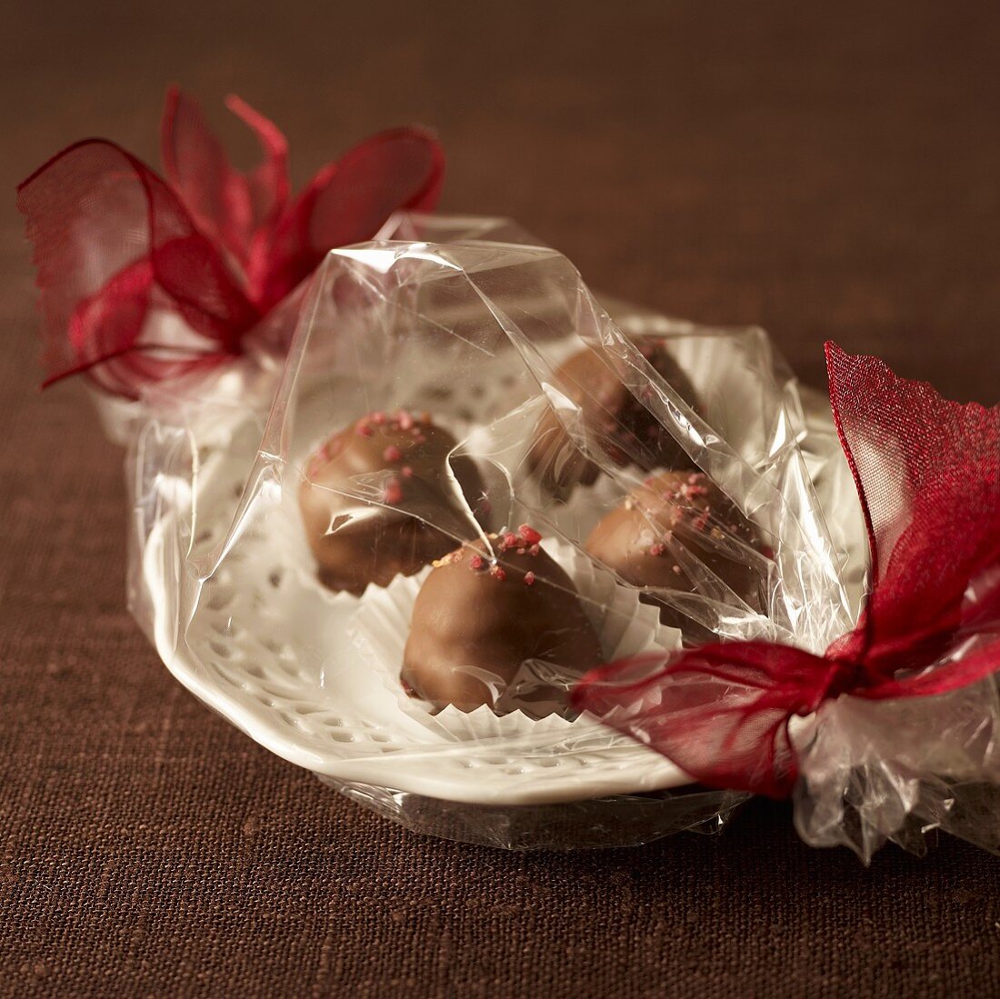 Raspberry chocolates, gift-wrapped