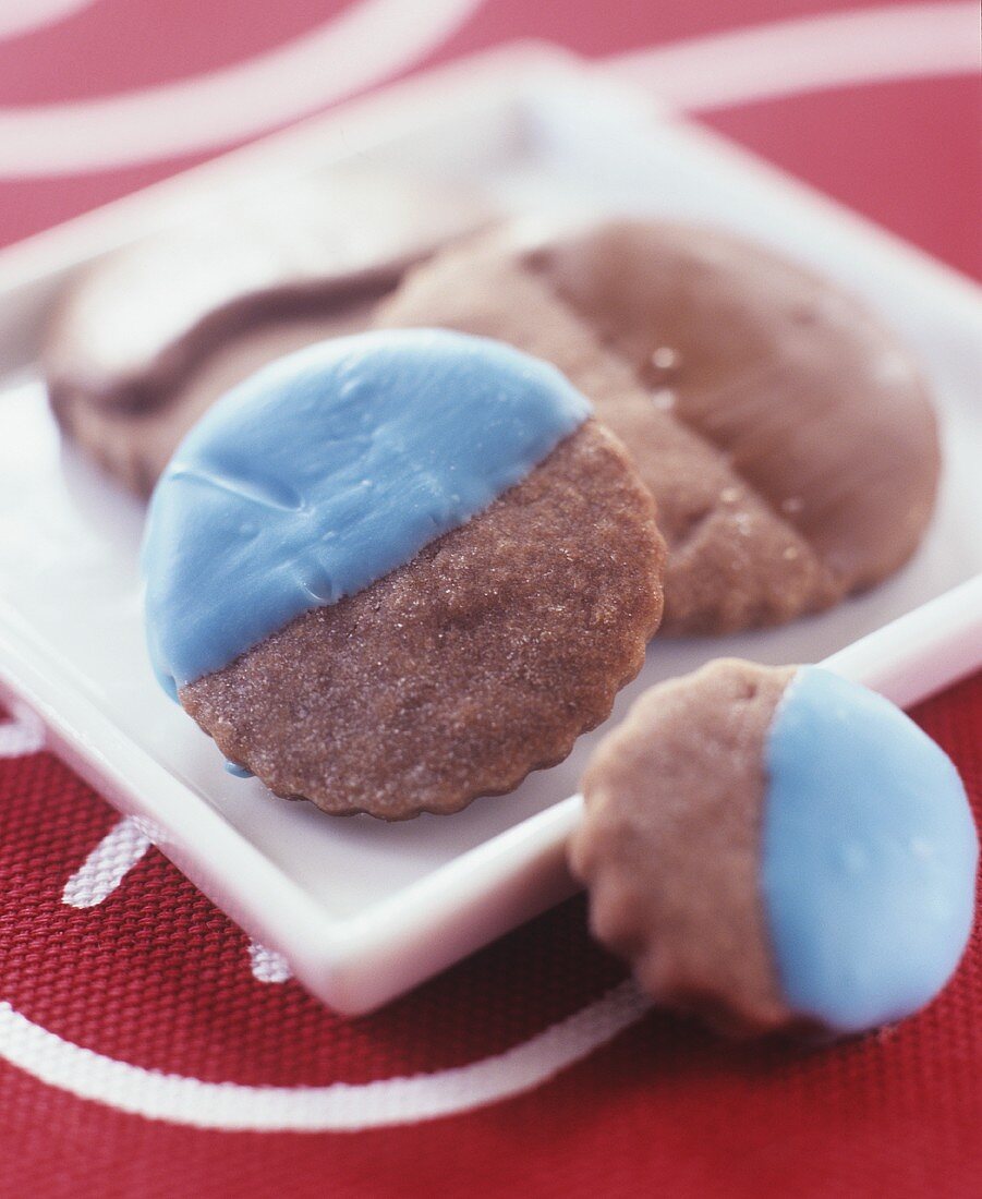 Chocolate biscuits with blue icing