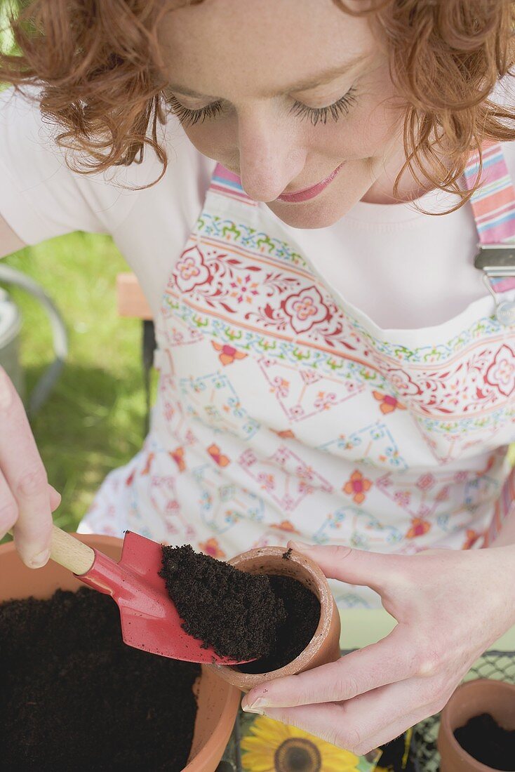 Filling a flowerpot with compost