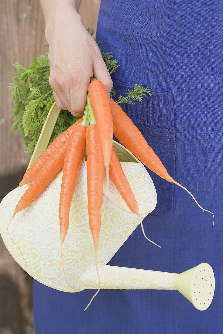 Young woman holding carrots and watering can