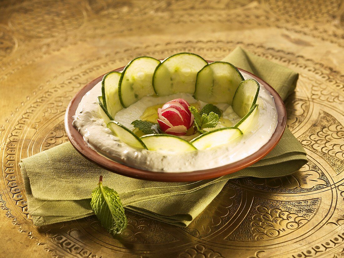 Labneh (Strained yoghurt with garlic & peppermint, Lebanon)