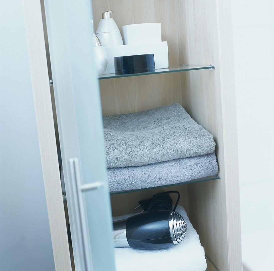 Towels and hair drier on shelves in a cupboard