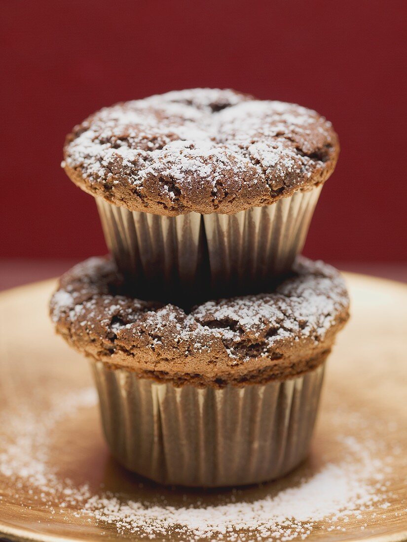 Two chocolate muffins, one on top of the other