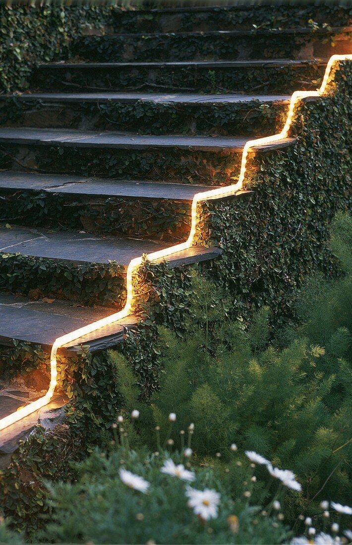 Exterior staircase illuminated with LED light strip