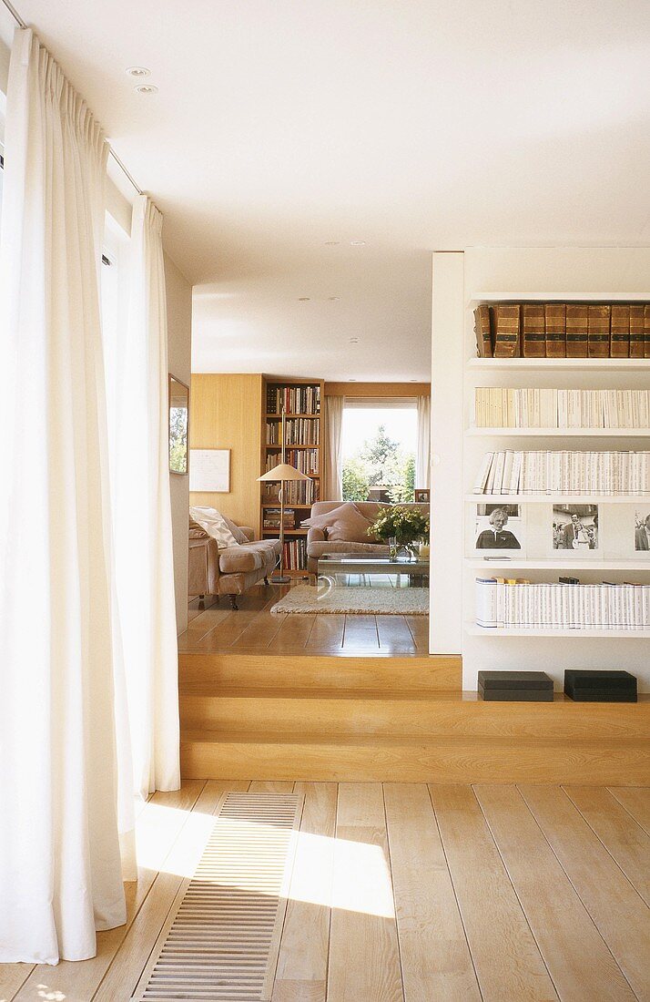 A living room with a bookcase