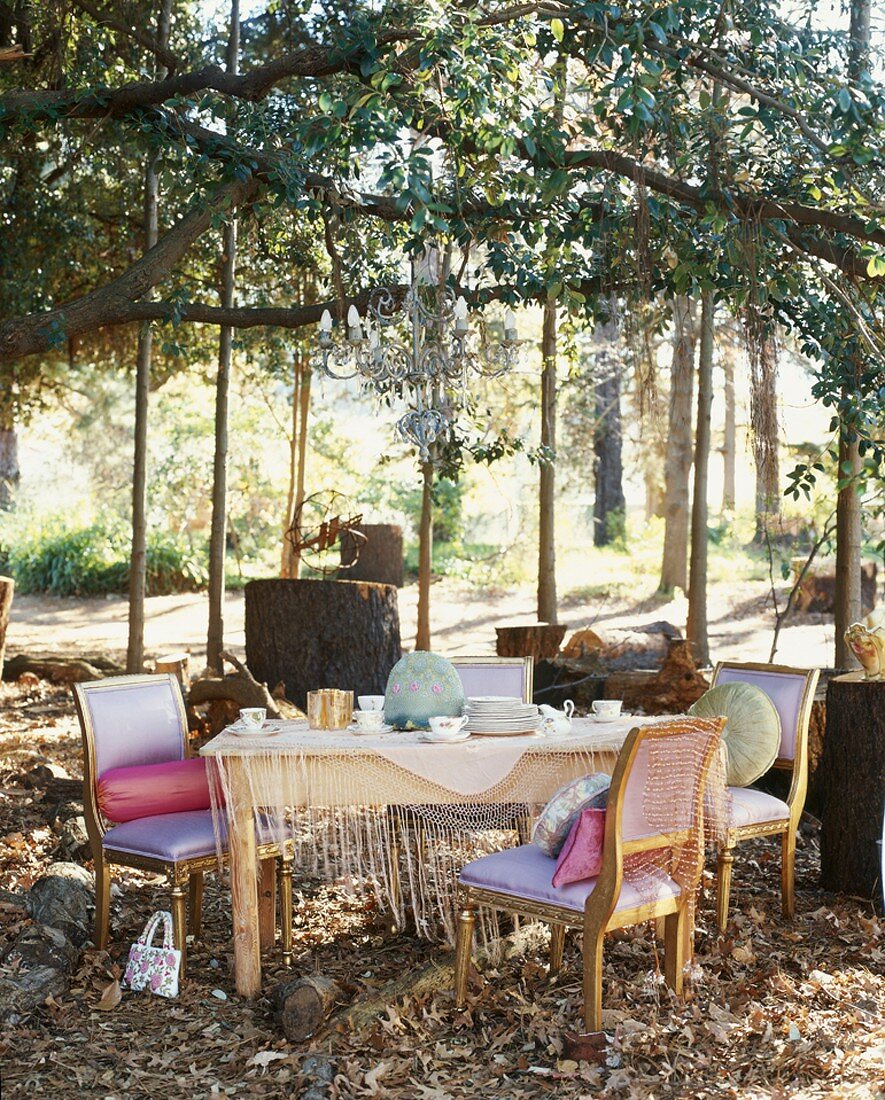 Set table with autumnal decor in garden