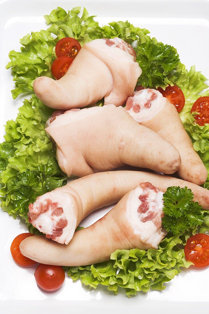 Fünf Schweineschwänzchen auf einem Teller mit Salatgarnitur