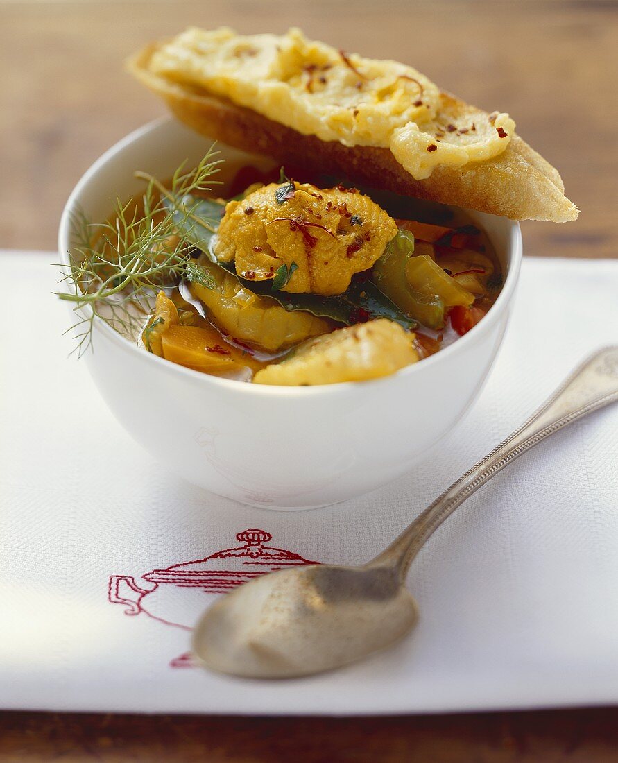 Fish soup with garlic and saffron baguette