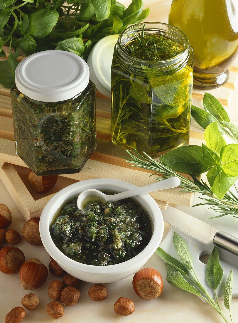 Herbs in oil and herb and nut paste