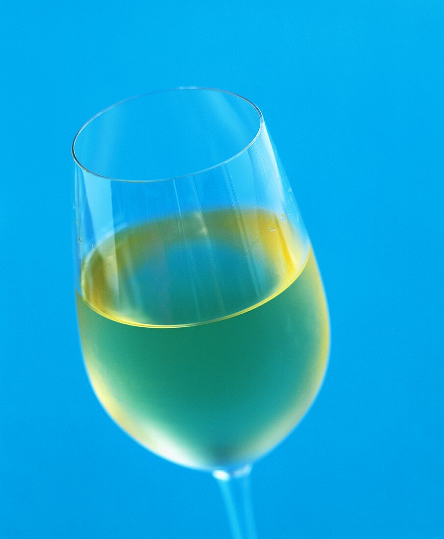 A glass of white wine against a turquoise background