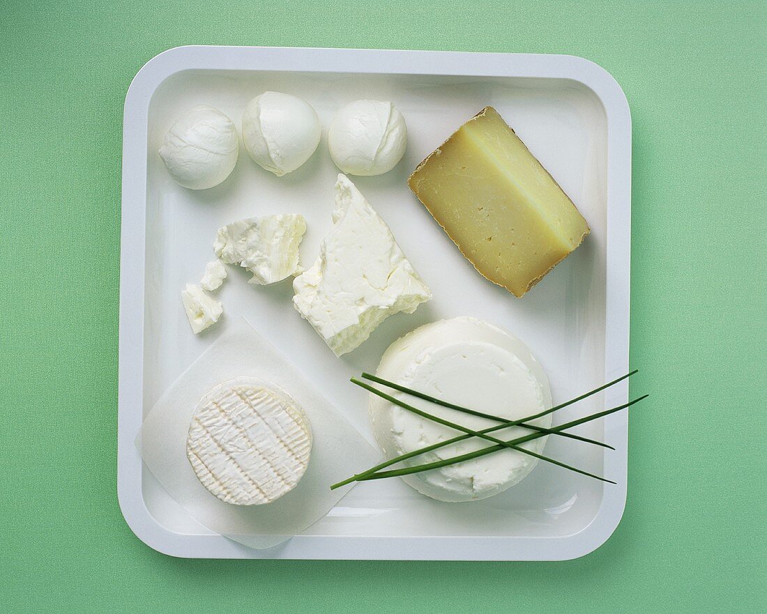 Five different cheeses on tray