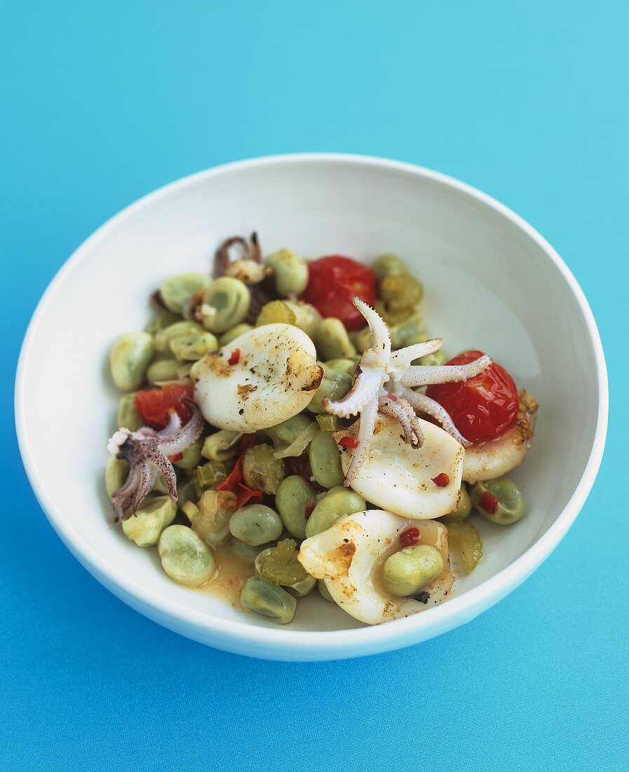 Grilled squid on broad beans