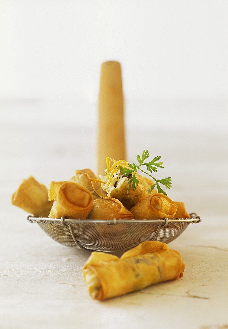 Spring rolls with vegetable filling on straining spoon