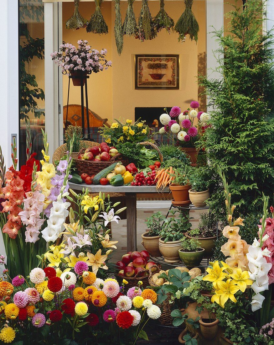 Terrace with masses of flowers, fruit, vegetables and herbs