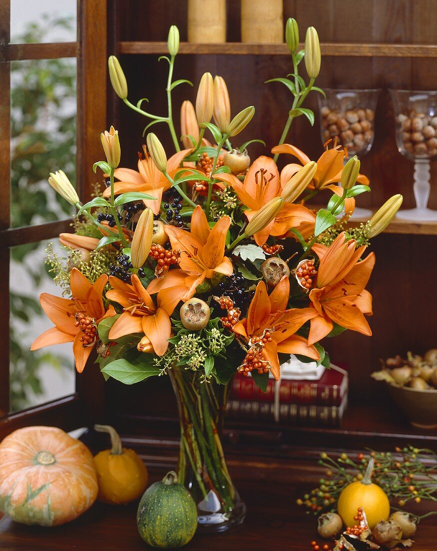 Autumn flower arrangement with lilies