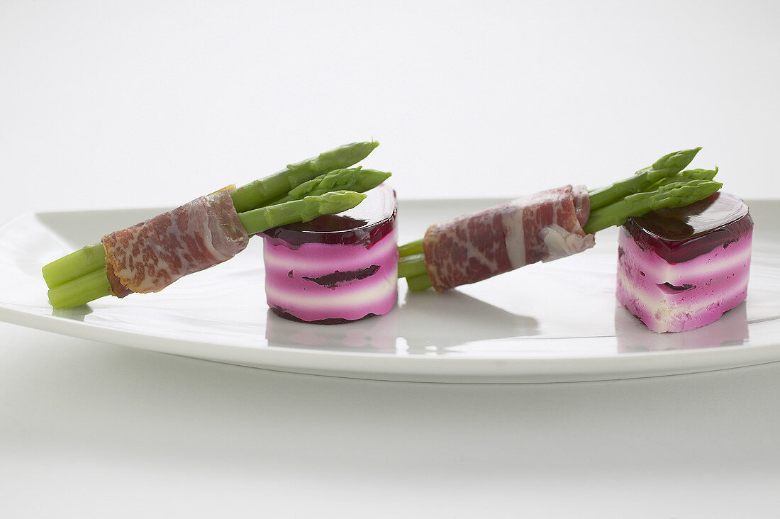 Beetroot and soft cheese 'chocolates' with Thai asparagus