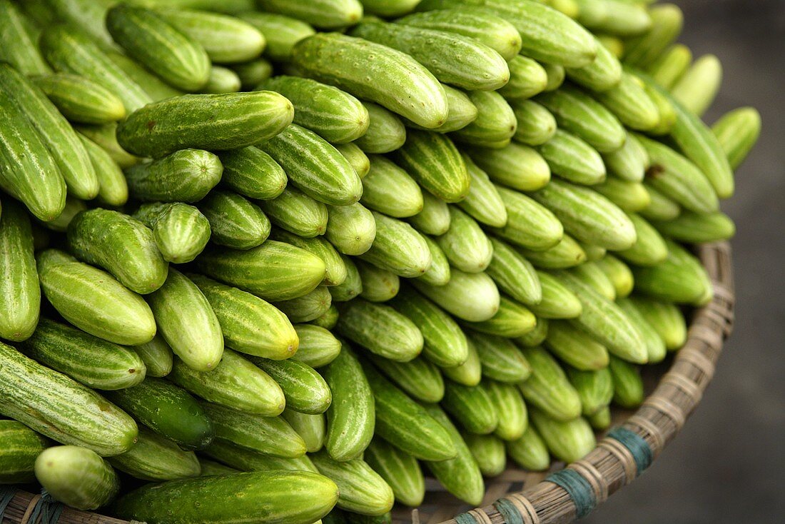 Cucumbers on a market stall in Vietnam (close-up)
