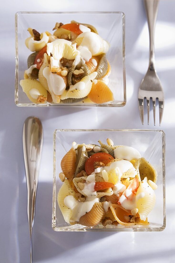 Nudelsalat mit bunten Muschelnudeln, Tomaten, Nüssen & Kernen