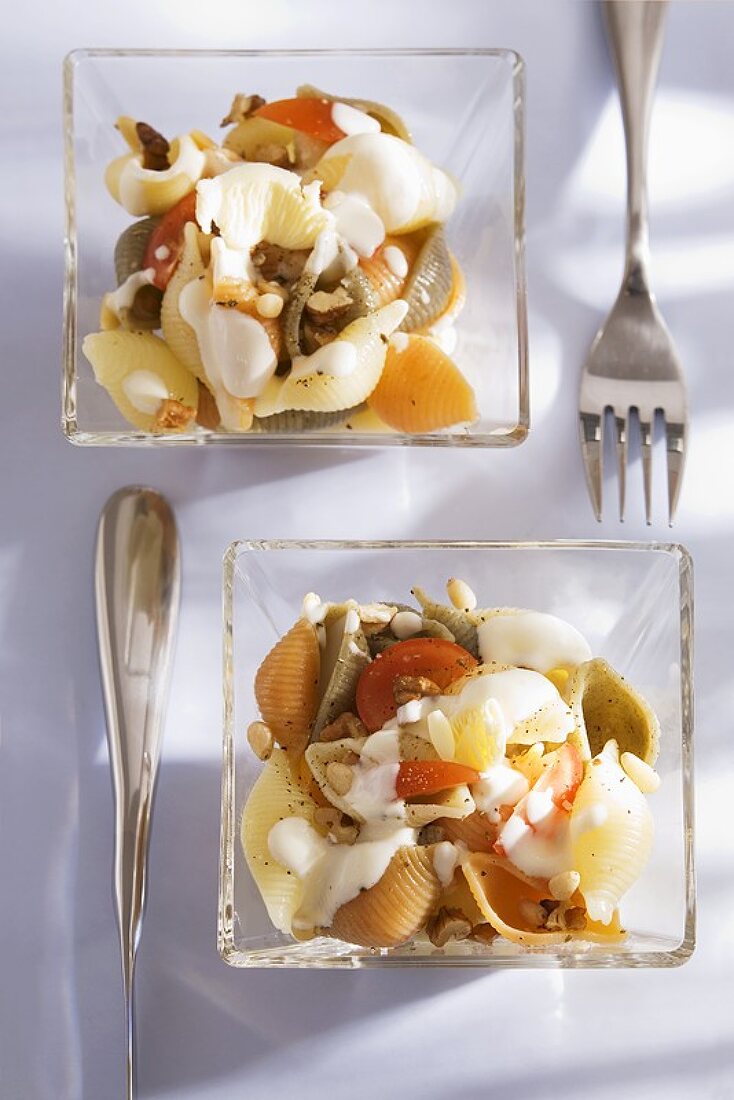 Pasta salad: coloured pasta shells, tomatoes, nuts & seeds